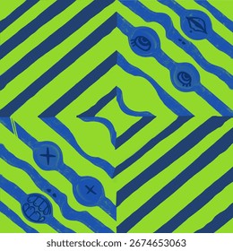 Bright and dynamic abstract artwork featuring green and blue stripes with various geometric elements. The modern design showcases bold contrasts and intricate patterns for an engaging visual impact.