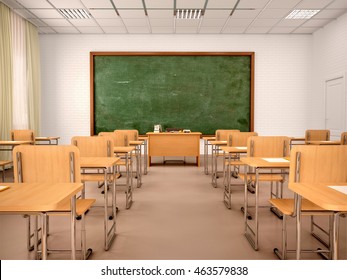 bright empty classroom for lessons and training. 3d illustration.