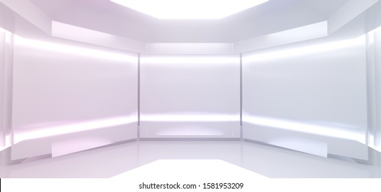 Bright Empty Reflective Sci Fi Futuristic Alien Spaceship Neon Led Glowing Virtual White Room Hall Stage Podium Cyber Background 3D Rendering Illustration