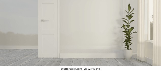 A bright empty room interior featuring an open white door, grey wooden floor, a vertical green plant in a pot, and a blank wall mockup.