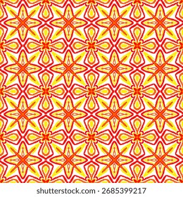 A bright and energetic seamless pattern featuring a traditional ikat or tribal style motif. The design is characterized by its bold outlines and a vivid color palette of red, orange, and yellow