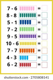 Bright, engaging educational material showcasing subtraction concepts, perfect for preschool worksheets, homeschooling, or vibrant classroom activities, worksheet 