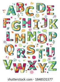 Bright English alphabet in a teenage, children's style. Decorated with bright details, ornaments, graffiti