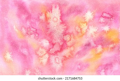 Bright Expressive Pink And Orange Gradient Wet Watercolor Background With Textured Blobs. Modern Lovely Colors Illustration For Decoration, Abstract Sky Sunrise Concept, Passion Clouds