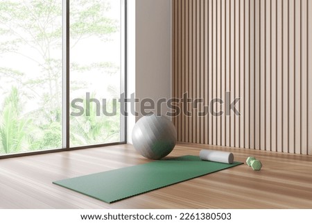 Bright fitness gym interior with exercise mat, ball and dumbbell. White wall, oak wooden floor, panoramic window. Concept of place for yoga, gymnastics, training, meditating. 3d rendering ストックフォト © 