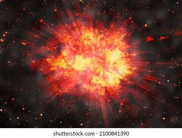 Bright Flash And Flying Particles. 3d Illustration. Explosion Of The Planet, Collision With An Asteroid, Natural Disaster. This Illustration Covers All Of These Topics