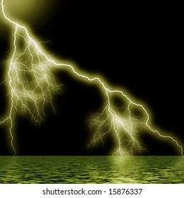 Bright flash of lightning above the quiet surface of ocean. Illustration.