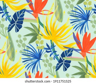 bright floral tropical pattern without seams drawn in gouache with Strelitzia flower for textile and surface design.