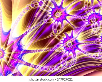 Bright fractal background with  multidimensional intertwining layers and flower ornament of psychodelic color.  
