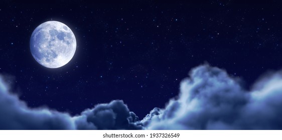 Bright Full Moon With Fluffy Clouds And Colorful Stars At Night. 3D Illustration.