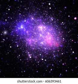Bright galaxy. Abstract pink and blue sparkles on black background. Fantasy fractal texture. Digital art. 3D rendering.