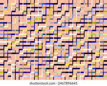 Bright geometric mazelike grid of colored bars on peach tone background, for background or element with motif of multiplicity