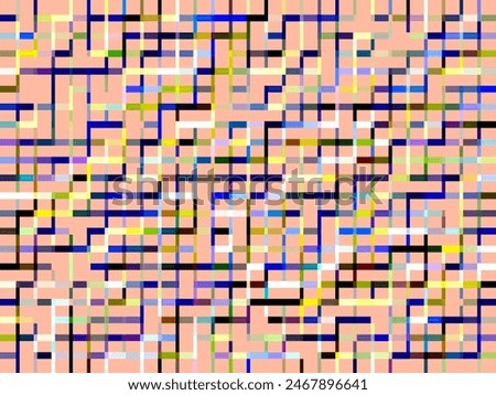 Bright geometric mazelike grid of colored bars on peach tone background, for background or element with motif of multiplicity