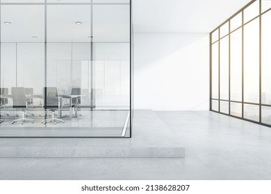 Bright glass office interior with city view, daylight, furniture and concrete flooring and mockup place on wall. Workplace concept. 3D Rendering