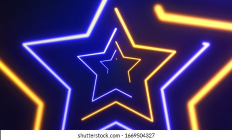 Bright Glowing Colorful Star Shapes Illustartion. Fluorescent Or Neon Colors. Digital LED Lights. Abstract Futuristic Background. Hi-tech Pattern. 3D Render.