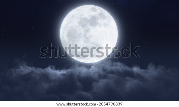 Bright glowing full moon in the sky. Light\
reflections on clouds. Time lapse, fast moving clouds. Dark blue\
foggy night, evening sky. Halloween mood. Aerial 3D render concept\
illustration