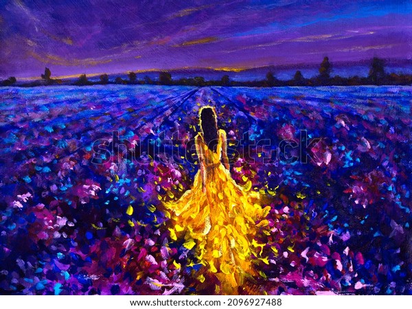 Bright glowing girl walks through the night lavender field - oil painting. Conceptual abstract picture of fire woman. Oil painting in colorful colors.