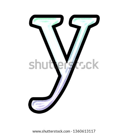 Bright glowing light white teal and purple colorful letter Y (lowercase) in a 3D illustration with a black outline & neon glow in a classic style font isolated on a white background