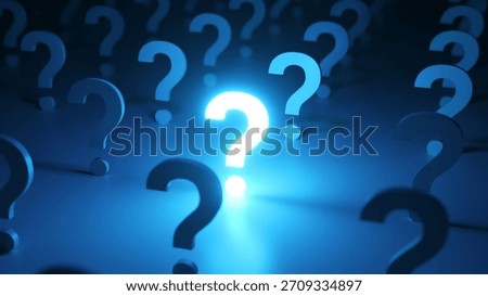 Bright, glowing question mark standing out in a crowd of dark question marks, representing a brilliant idea, solution, or answer to a problem in a conceptual blue illuminated environment