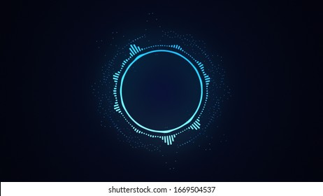 Bright Glowing Radial Or Circular Equalizer Illustration. Visualization Of Voice, Music Playback. Audio Waveform With Flowing Dotts. Technological Background In Blue Neon Colors