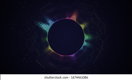 Bright Glowing Radial Or Circular Equalizer Illustration. Visualization Of Voice, Music Playback. Audio Waveform With Flowing Dotts. Technological Background In Neon Rainbow Colors