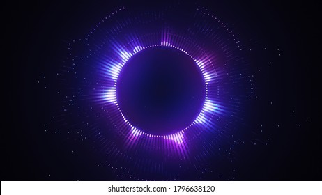 Bright glowing radial or circular equalizer illustration. Visualization of voice, music playback. Audio waveform with flowing dotts. Technological background in Neon purple colors