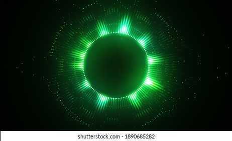 Bright glowing radial or circular equalizer illustration. Visualization of voice, music playback. Audio waveform with flowing dotts. Technological background in Neon green colors