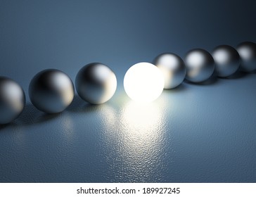 bright glowing sphere in a row. Leadership concept 3D illustration.