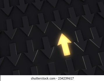 A bright, glowing yellow Up Arrow stands out in a dark field of down arrows