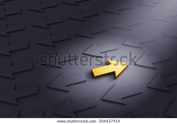 A bright,\
gold Arrow pointing right stands out in a dark field of gray arrows\
moving in the opposite direction\
