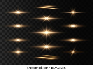 Bright gold flashes and glares. Bright rays of light. Set of flashes, Lights and Sparkles on a transparent background. Abstract golden lights isolated  Glowing lines. 