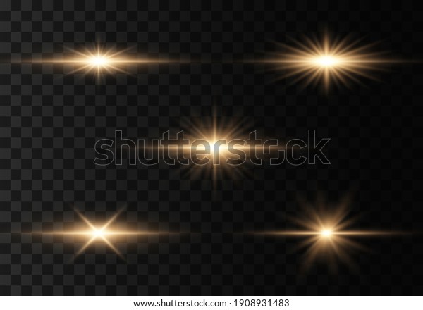 Bright gold flashes and
glares. Bright rays of light. Set of flashes, Lights and Sparkles
on a transparent background. Abstract golden lights isolated 
Glowing lines. 