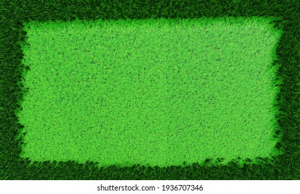 A Bright Green Lawn In The Middle Is Cut Short And The Border Is Long Grass. The Picture Frame Texture Is Grass, The Edge Of The Grass Is Dark Green. Use For Background And Wallpaper. 3D Rendering