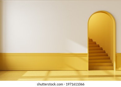 Bright Hall Interior In Apartment With Yellow Floor And Staircase With Arch Door. Mockup Blank Copy Space Wall, 3D Rendering, No People