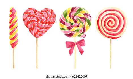Bright hand drawn watercolor lollipops