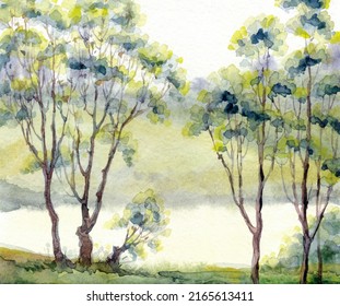Bright hand drawn watercolour artist sketch fresh air sundown scene  Paper backdrop text space  Light green yellow color paint artwork thicket shrub valley lawn calm day scenic brook bay bank view