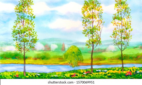 Bright Hand Drawn Watercolour Paint Color Sketch Drawing On Paper Backdrop. Space For Text On Light Blue Heaven. Quiet Brook Creek Scene. Young Aspen Birch On Bank Of Calm Bay Springtime Scenic View