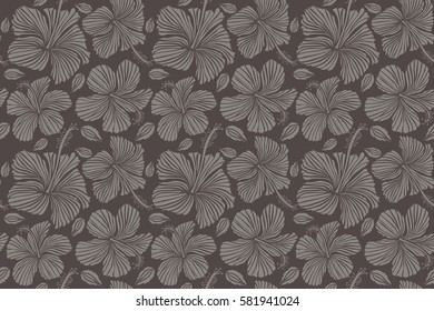Bright hawaiian seamless pattern with gray and brown tropical hibiscus flowers.