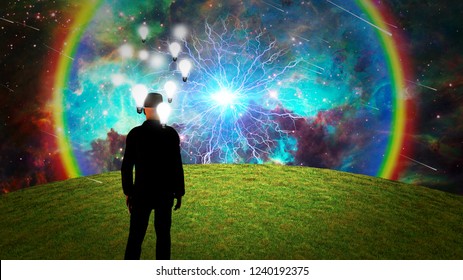 Bright ideas. Man surrounded by light bulbs. Energy burst in vivid sky. 3D rendering