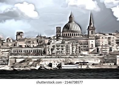 A Bright Illustration the capital city Valletta the island Malta in the Mediterranean from Silima Beautiful Maltese Islands Seascape black   white