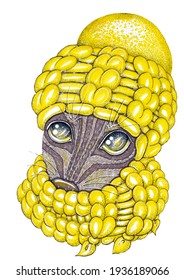 Bright Illustration Of A Chipmunk Face In A Yellow Knitted Hat And Scarf