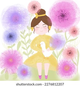 bright illustration girl holding duckling   sitting in the middle huge flowers  fairy  tale atmosphere
