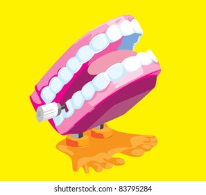 A bright illustration of a novelty plastic chattering teeth toy.
