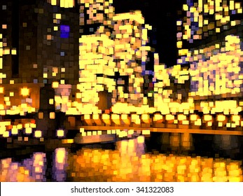 Brillante e impresionista, multicolor abstracto de las luces de la ciudad — muchos cuadrados pequeños y sólidos con predominio de amarillo muy claro — con reflejos de río debajo de rascacielos por la noche Ilustración de stock