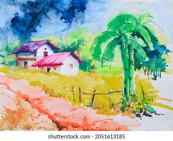 Bright Indian village watercolor painting , hand painted illustration. A village home, banana trees and road across. Rural landscape.