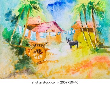 Bright Indian village watercolor painting , hand painted illustration. Village homes, trees bullock cart and a cow. Rural landscape.