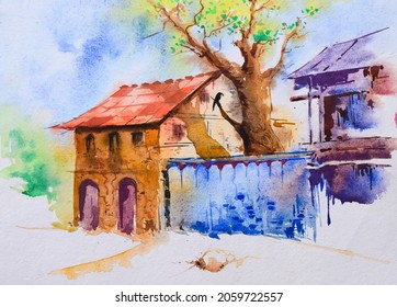 Bright Indian village watercolor painting , hand painted illustration. Village homes, trees and a crow. Rural landscape.