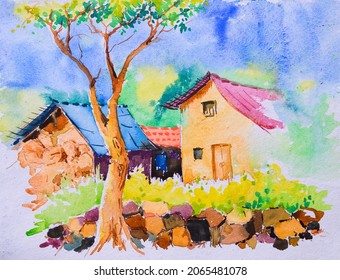 Bright Indian village watercolor painting , hand painted illustration. Village homes and trees. Rural landscape.