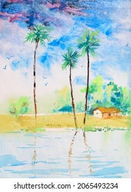 Bright Indian village watercolor painting , hand painted illustration. Village home, palm trees and reflection in a pond. Rural landsacpe.