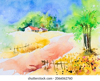 Bright Indian village watercolor painting , hand painted illustration. A village home, green trees and road across. Rural landscape.